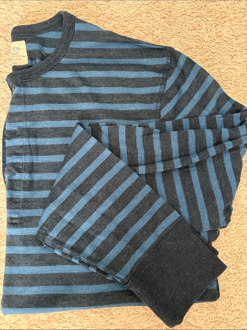 J. Crew Men's Blue and Charcoal Striped Crewneck Sweater